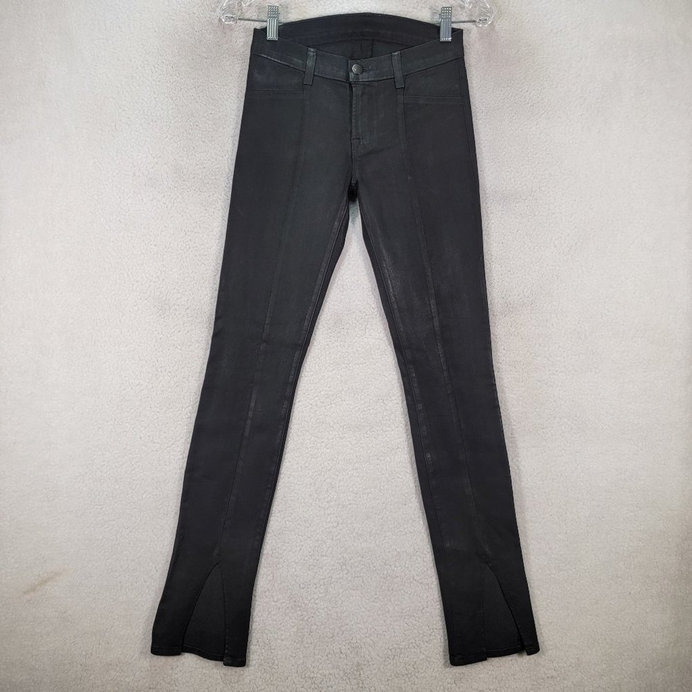 J Brand Black Denim Vera Coated Steal Leathery Low Rise Slits Skinny Jeans